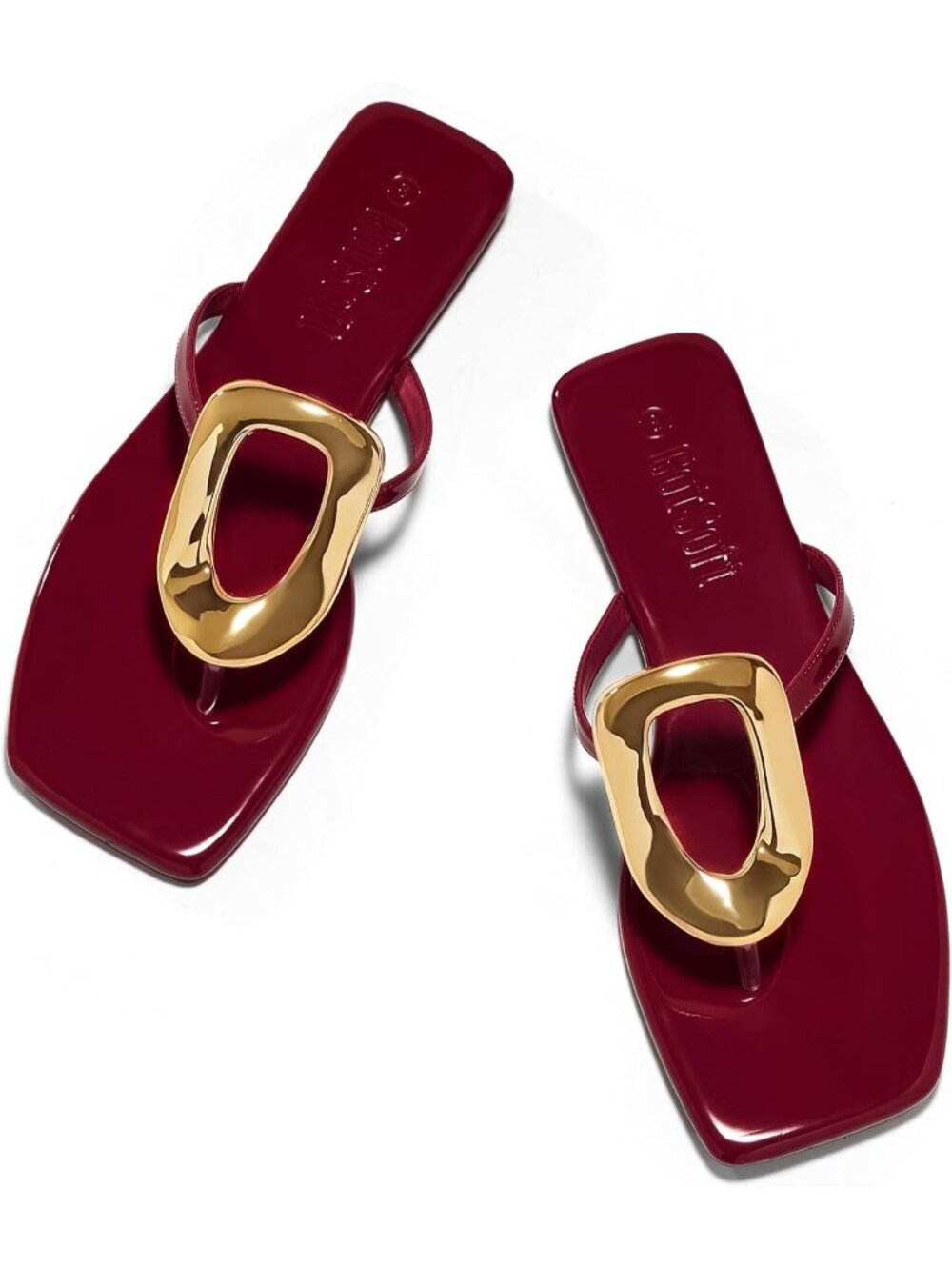 🆕Women's All Red Flat Sandals Square Toe Metal Decoration Flip Flops Shoes